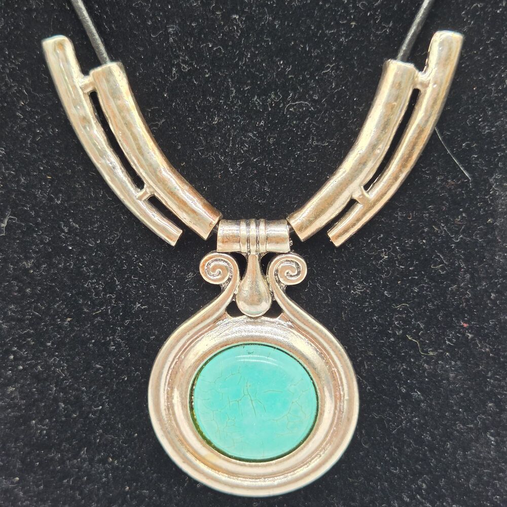 Turquoise Color Cabochon Necklace Large Silver Tone Pendant Black Cord Boho